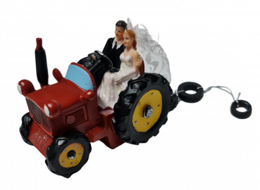 Hochzeitsfigur - Tortenfigur Brautpaar auf einem Traktor, rot - 3