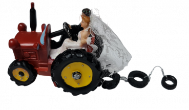 Hochzeitsfigur - Tortenfigur Brautpaar auf einem Traktor, rot - 2
