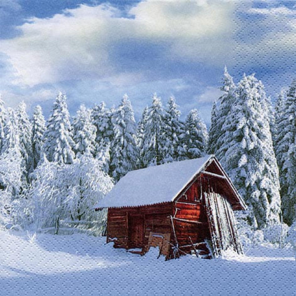 Weihnachtsserviette "Sunny Winter Morning" - eine Hütte im Schnee