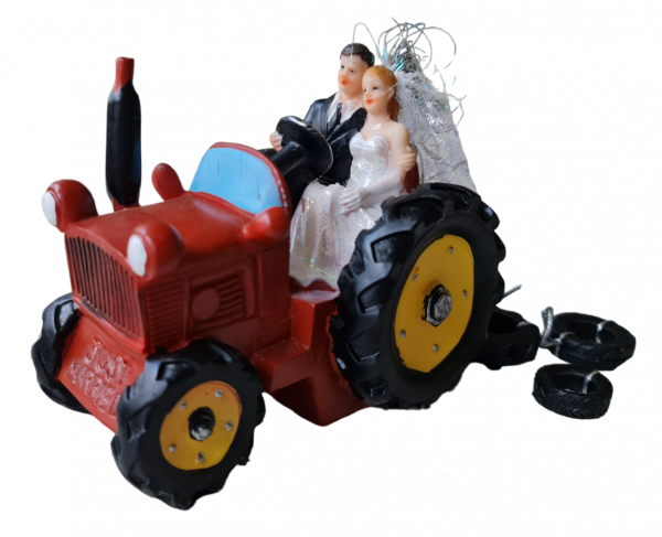 Hochzeitsfigur - Tortenfigur Brautpaar auf einem Traktor, rot - 1